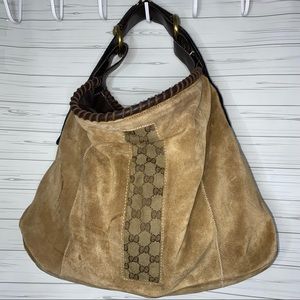 Gucci Vintage Logo Handbag Shoulder Tote Brown Suede Bag